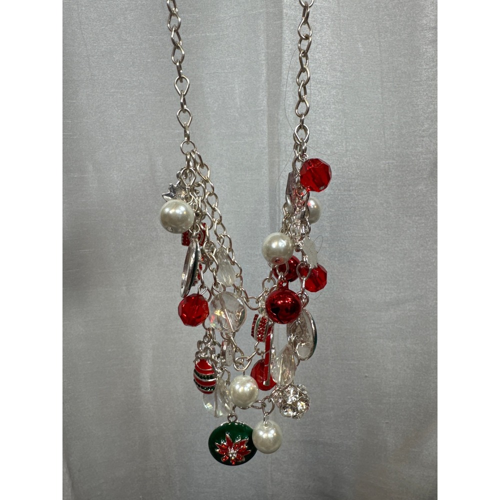 Charming Charlie Christmas Charm Statement Necklace Silver Tone Multi Strand NEW